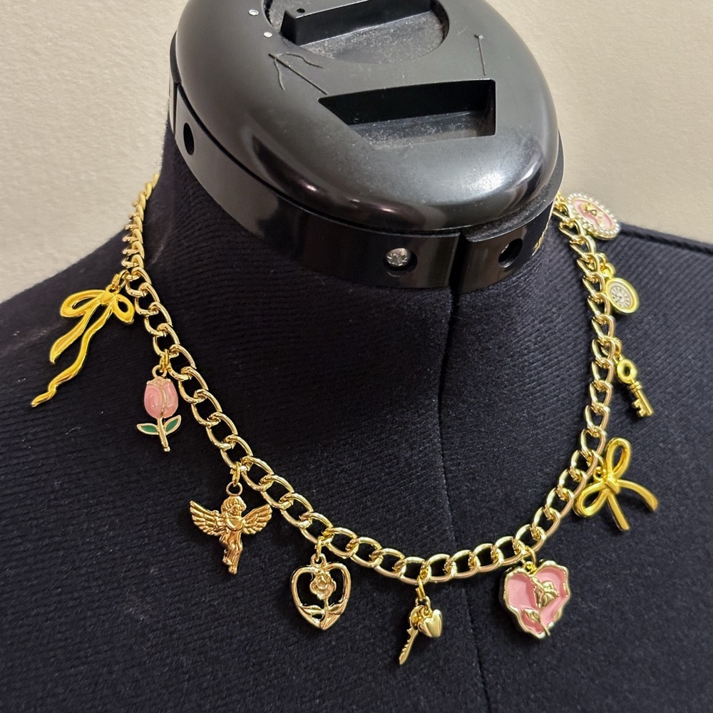 Handmade Gold Rose Heart Bow Charm Twisted Curb Links Chunky Necklace 20”